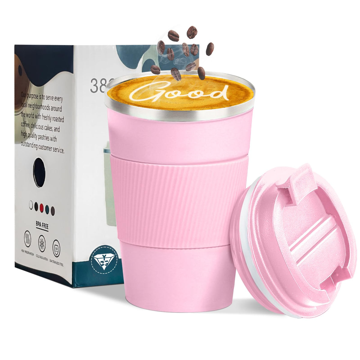 YINBAOGE pink 12oz insulated travel mug with lid keeps drinks hot or cold on the go.
