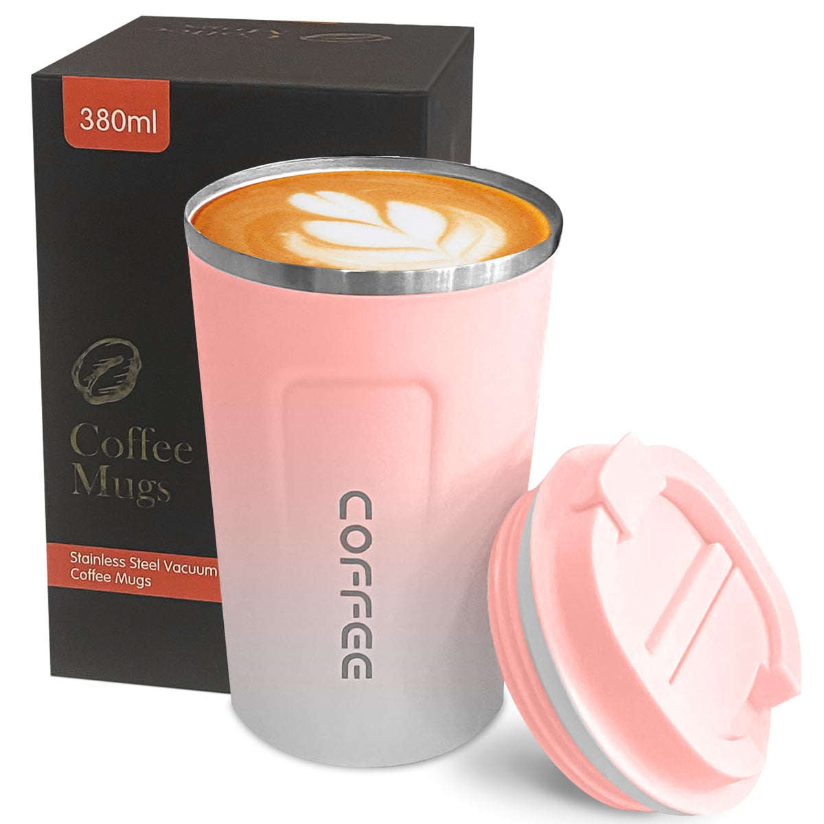 YINBAOGE travel mug in pink and white with spill-proof lid for mess-free commuting.