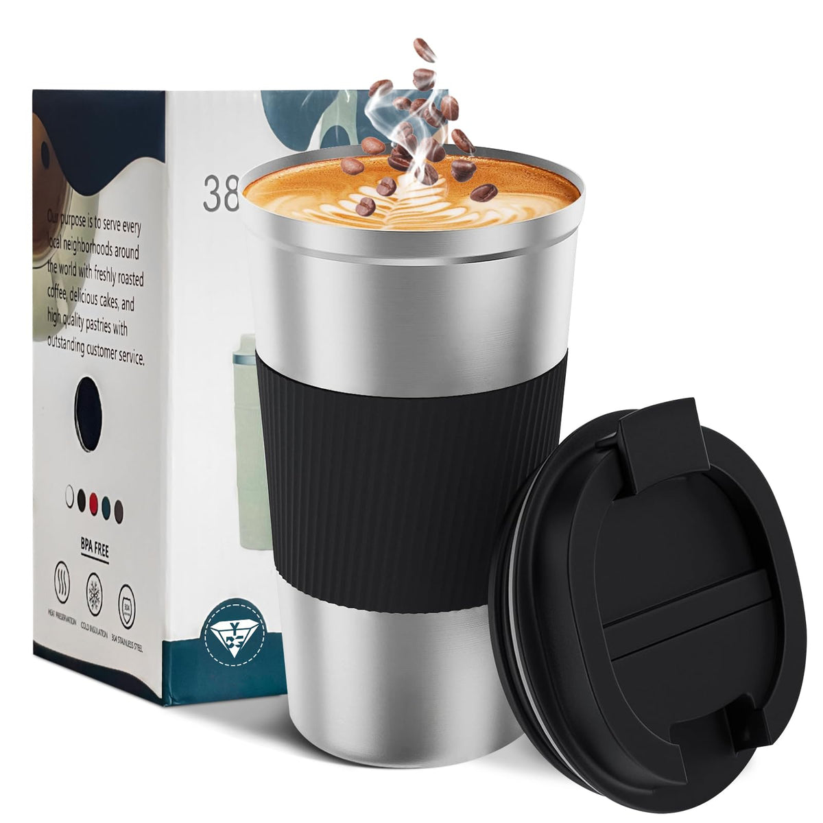 YINBAOGE travel mug 12oz in silver and black keeps beverages at the ideal temperature on the go.