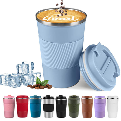 YINBAOGE travel mug in light blue keeps drinks hot or cold on the go.