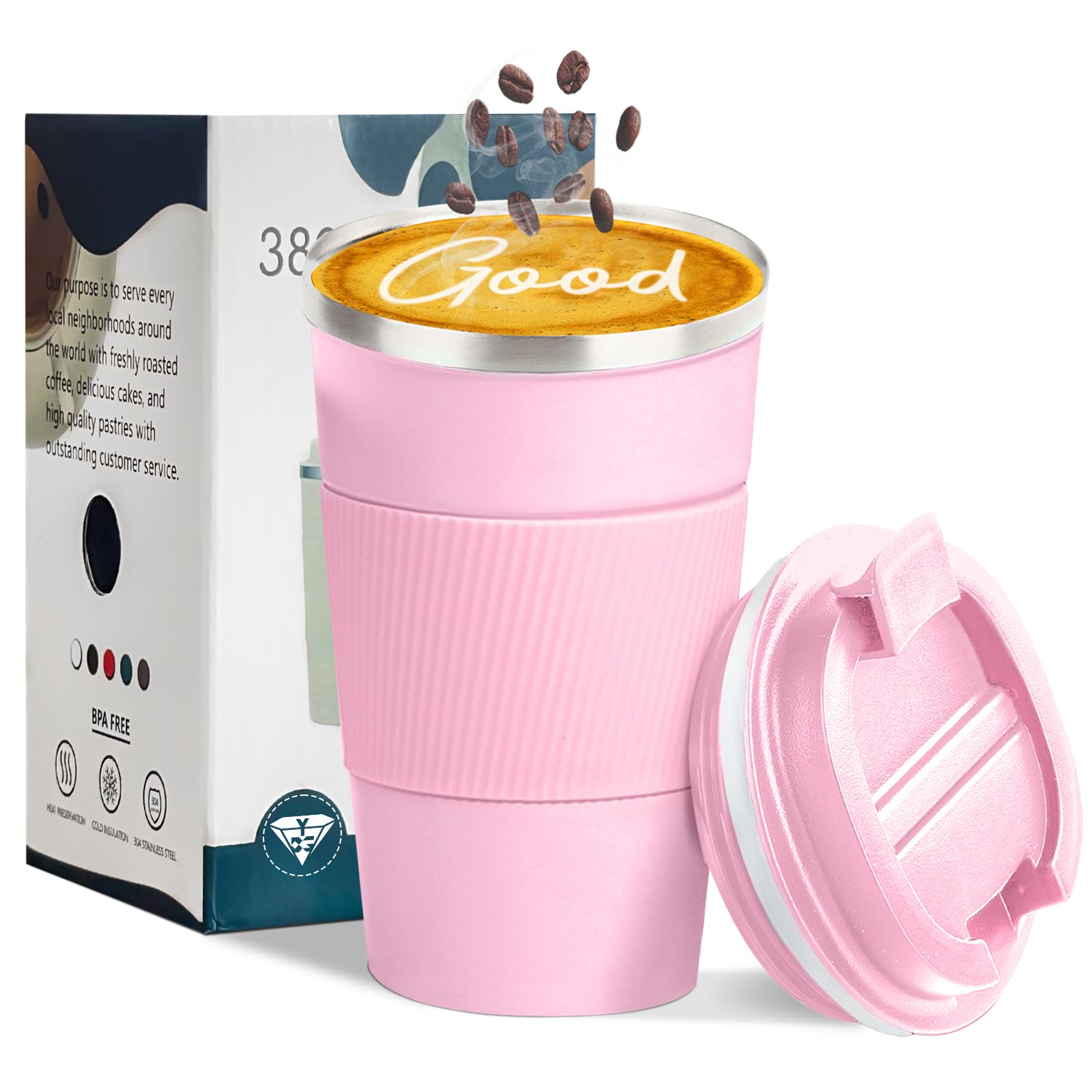 YINBAOGE travel mug pink lid close-up showing spill-proof seal for on-the-go sipping