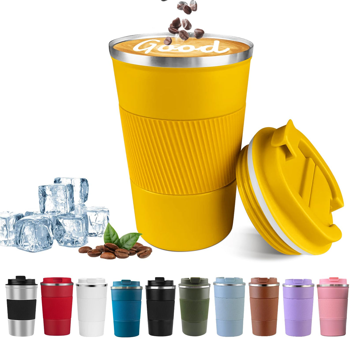 YINBAOGE travel mug with yellow cap open, ideal for hot coffee on the go.