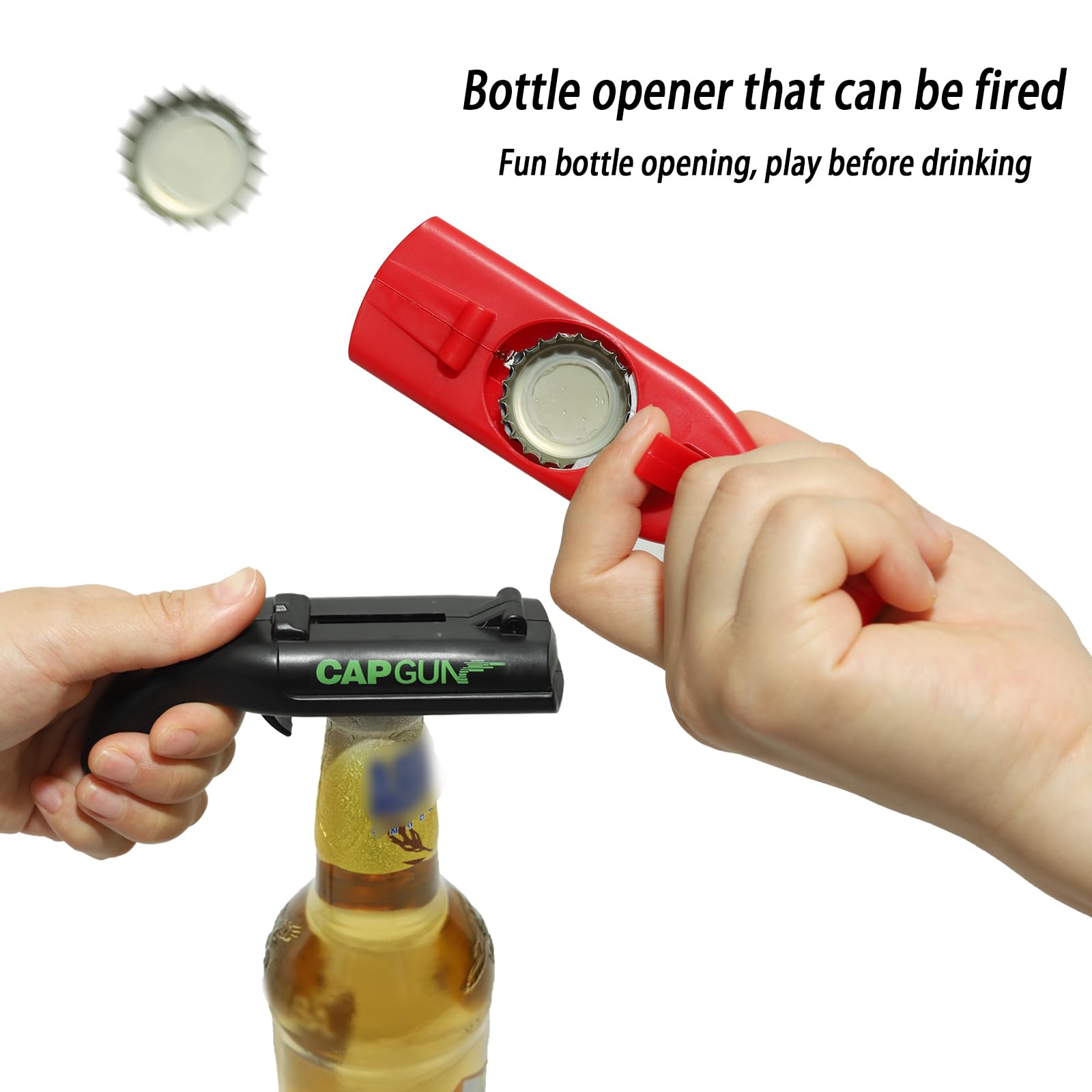 YinDxierxv spring-loaded cap launcher demonstrates quick lid release at parties