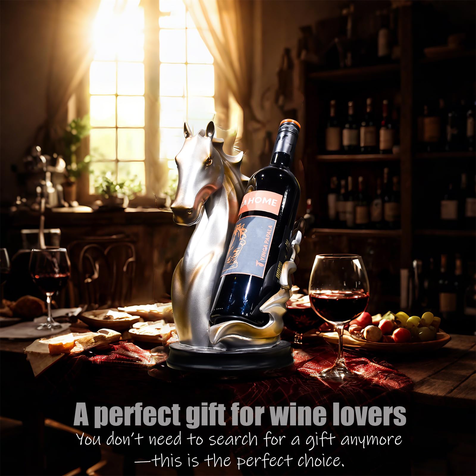 YINGAVERSAI horse decor wine rack serves as a stylish centerpiece for dining tables.