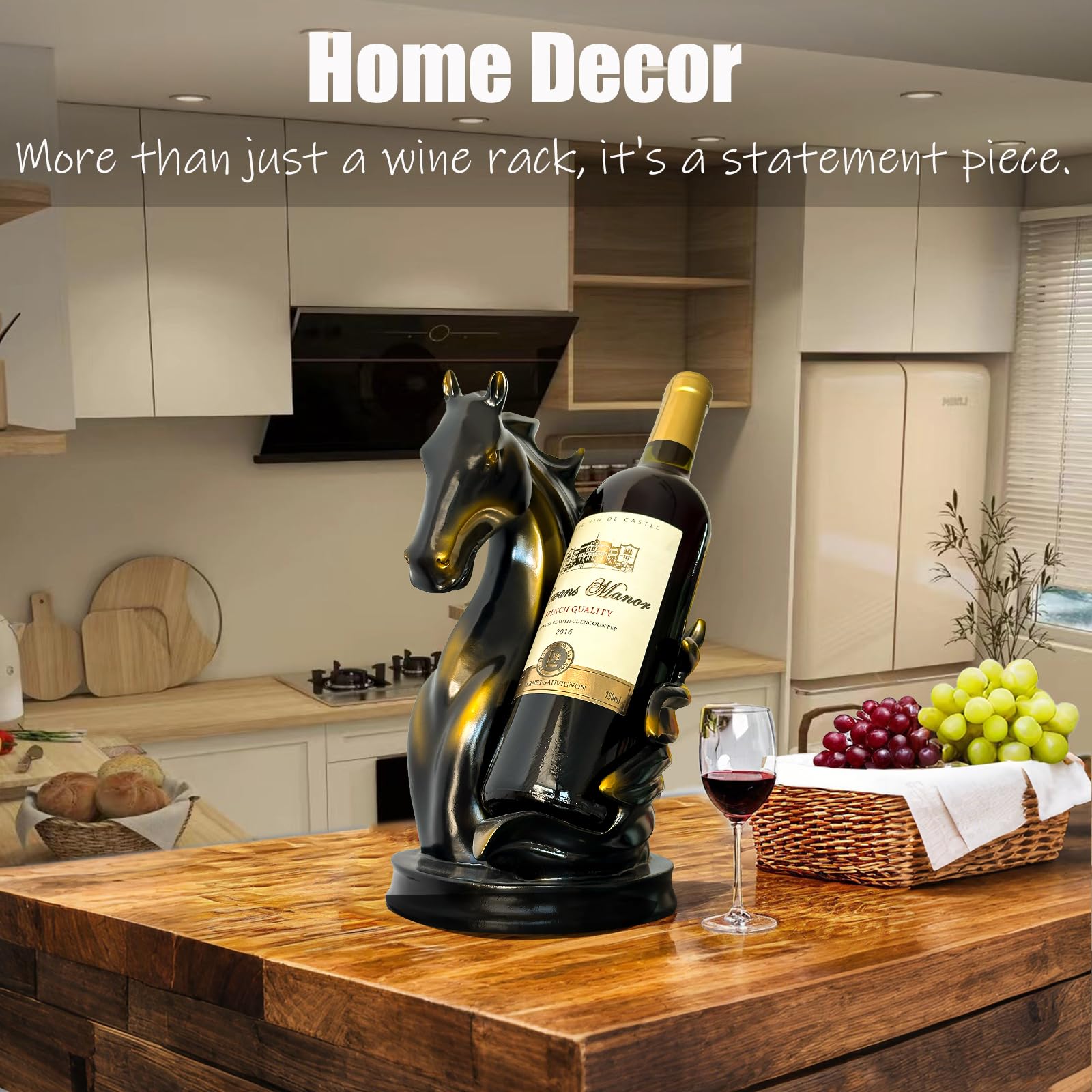 YINGAVERSAI horse sculpture wine rack side view adds artistic organization to dining table.