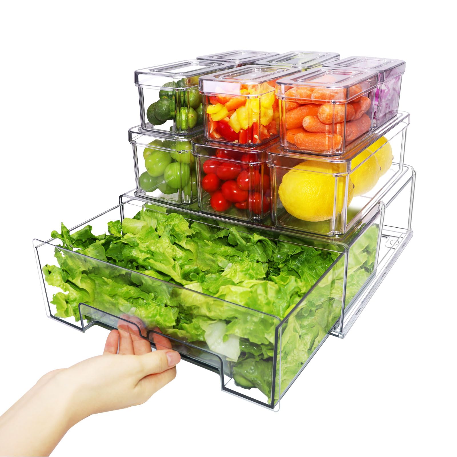 YINGRACE fridge organizer with pull-out drawer for easy access to stored fruits.
