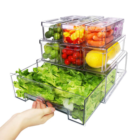 YINGRACE fridge organizer with pull-out drawer for easy access to stored fruits.