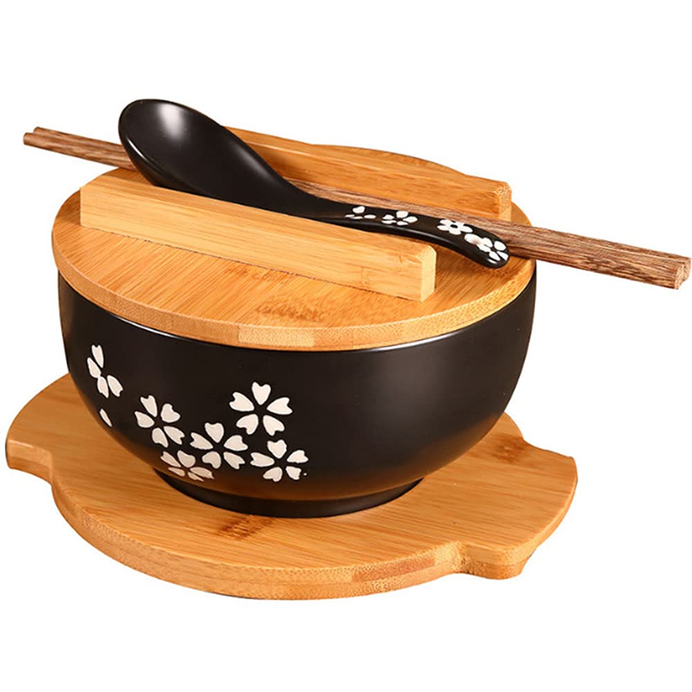 YingXue ceramic Sakura ramen bowl with lid shows elegant black glaze and warmth retention