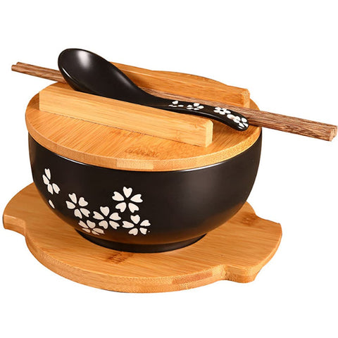 YingXue ceramic Sakura ramen bowl with lid shows elegant black glaze and warmth retention