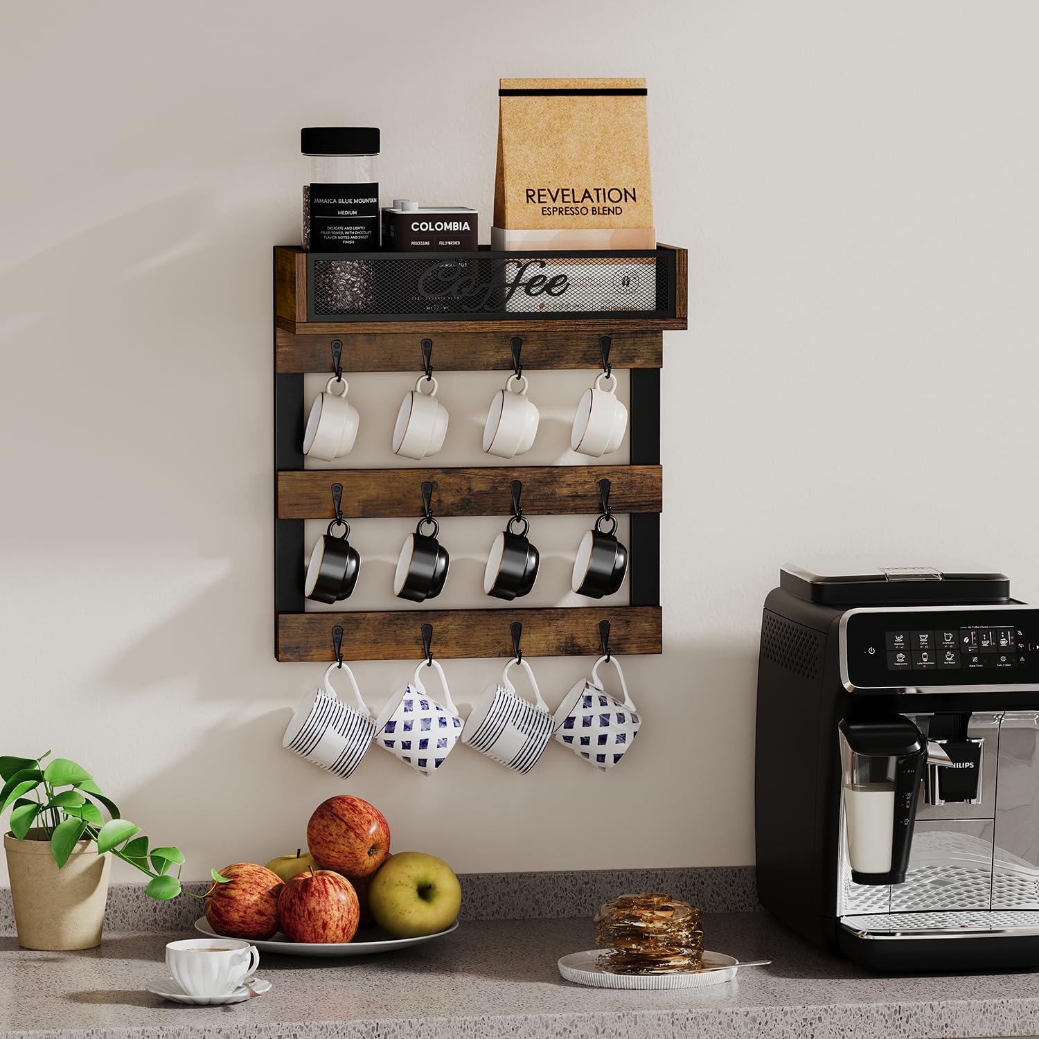 Durable particle board and metal frame ensure sturdy mug storage.