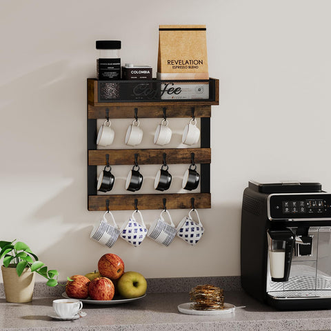 Durable particle board and metal frame ensure sturdy mug storage.