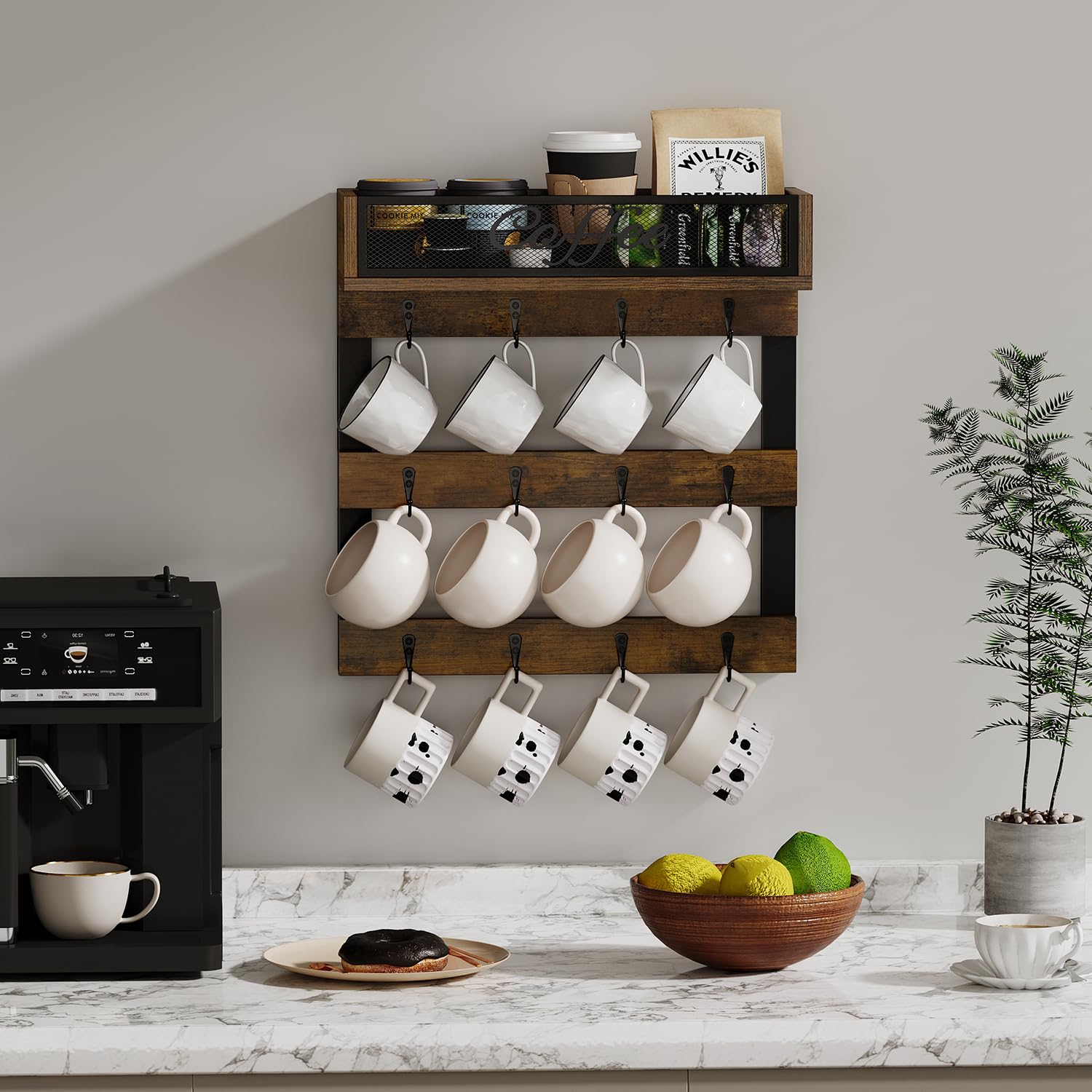 Detail of 12 metal hooks keeping mugs securely organized.