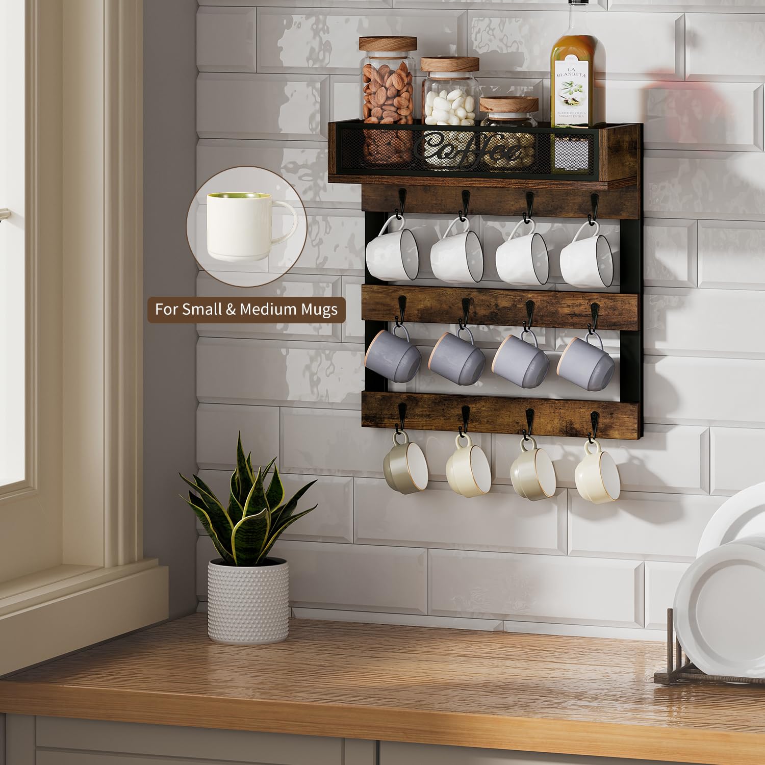 YINMIT mug holder top shelf showing space for beans or tea, mugs below.