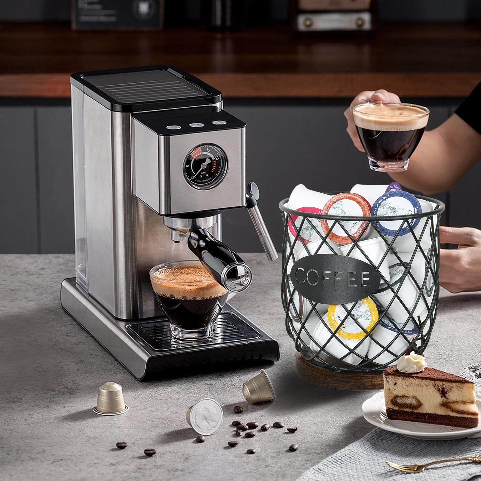 YINMIT coffee pod organizer on counter saves space with 35-pod capacity.