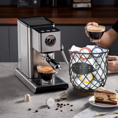 YINMIT coffee pod organizer on counter saves space with 35-pod capacity.