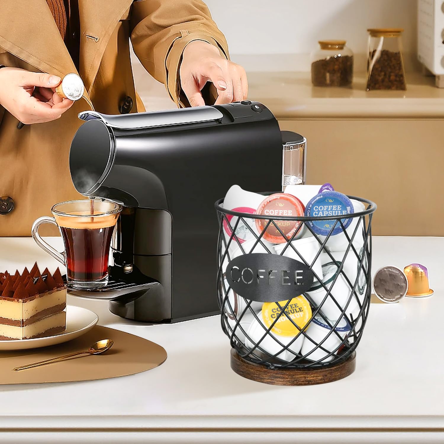 Versatile storage for snacks, toys, or desk supplies beside the coffee station.