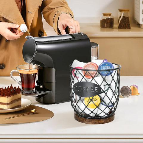 Versatile storage for snacks, toys, or desk supplies beside the coffee station.