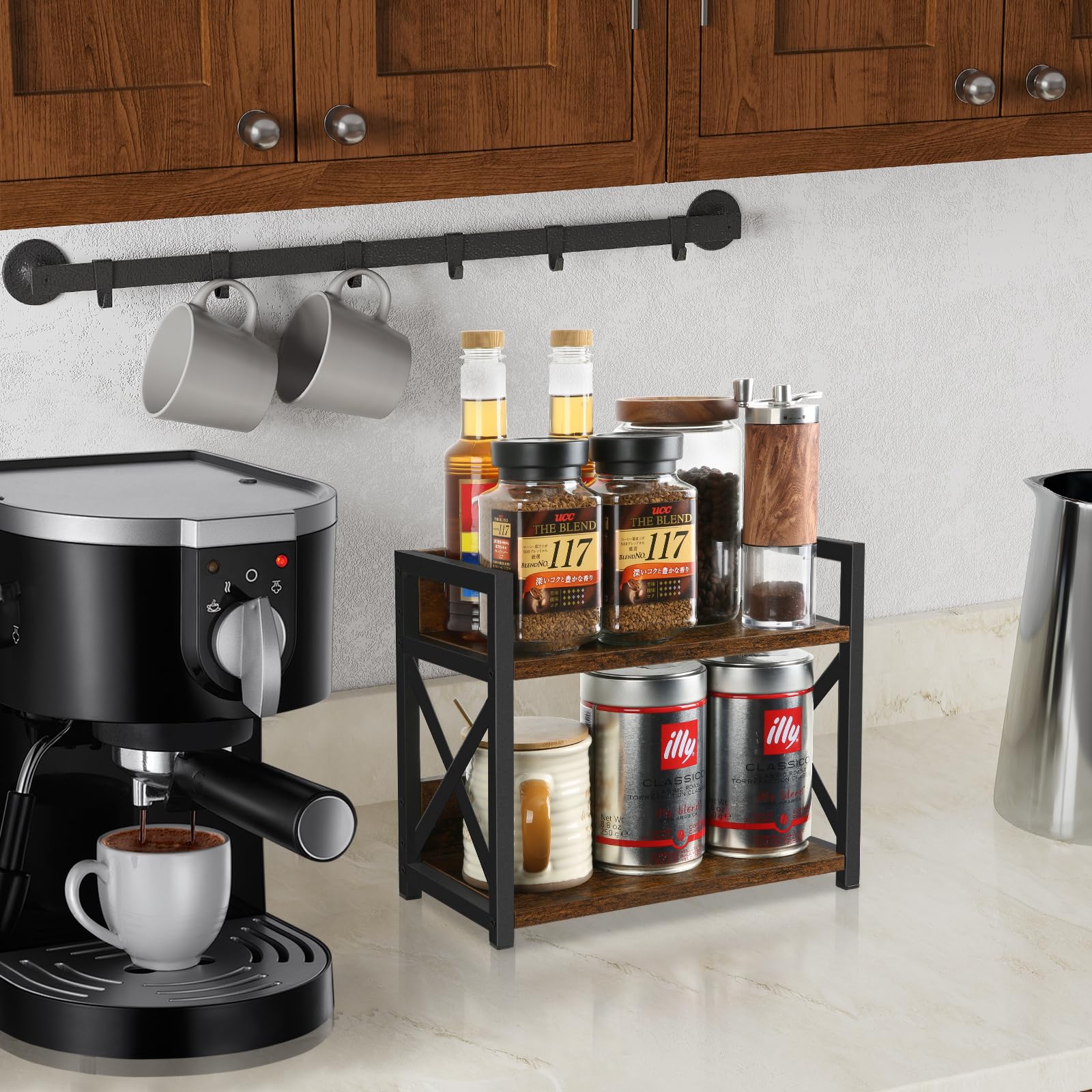 YINMIT two-tier spice rack with iron frame for kitchen efficiency.
