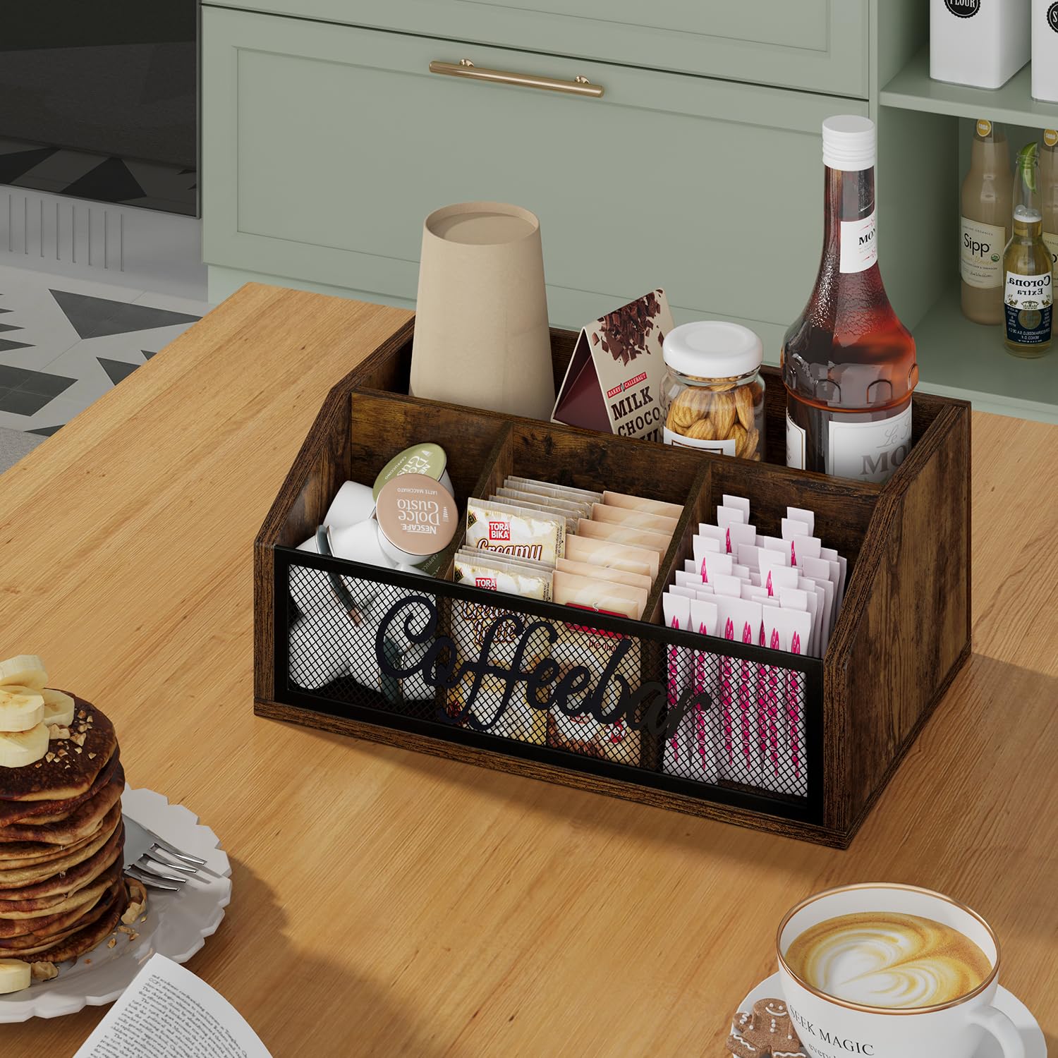 YINMIT vintage brown finish enhances kitchen or office coffee nook.