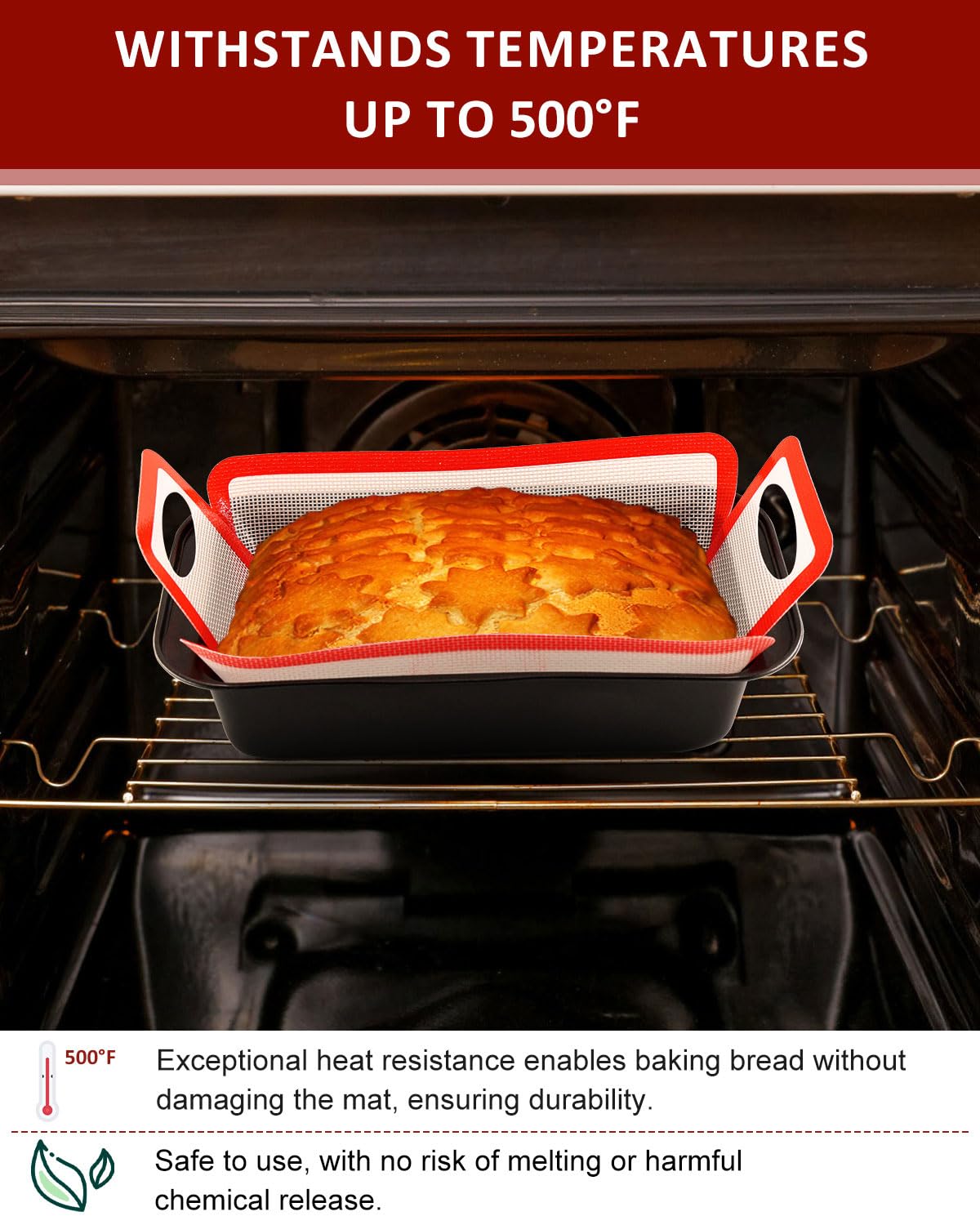 YINORD silicone loaf pan liner with extra-long lift tabs for safe handling