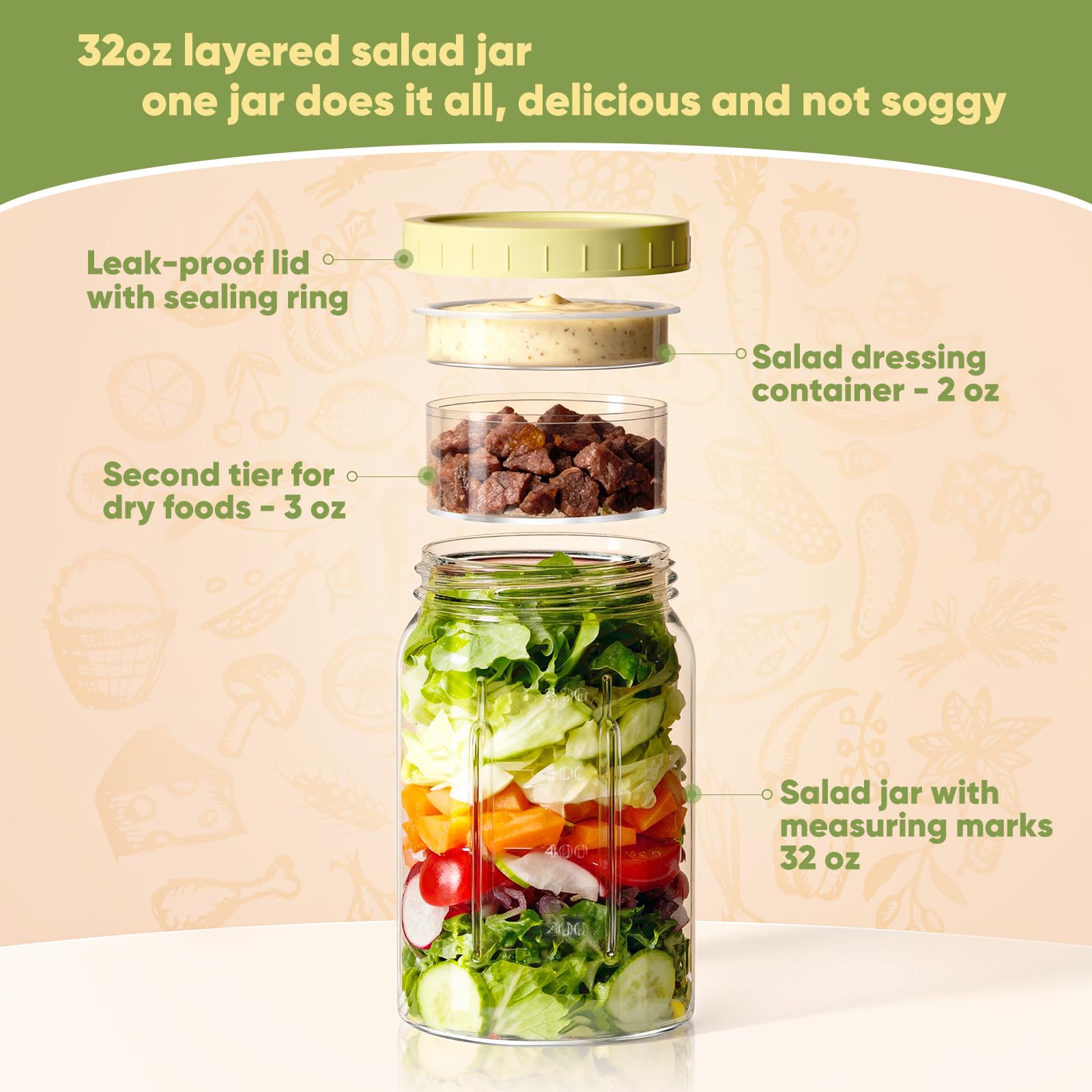 Yirilan 32oz glass salad jar keeps ingredients separate and fresh.