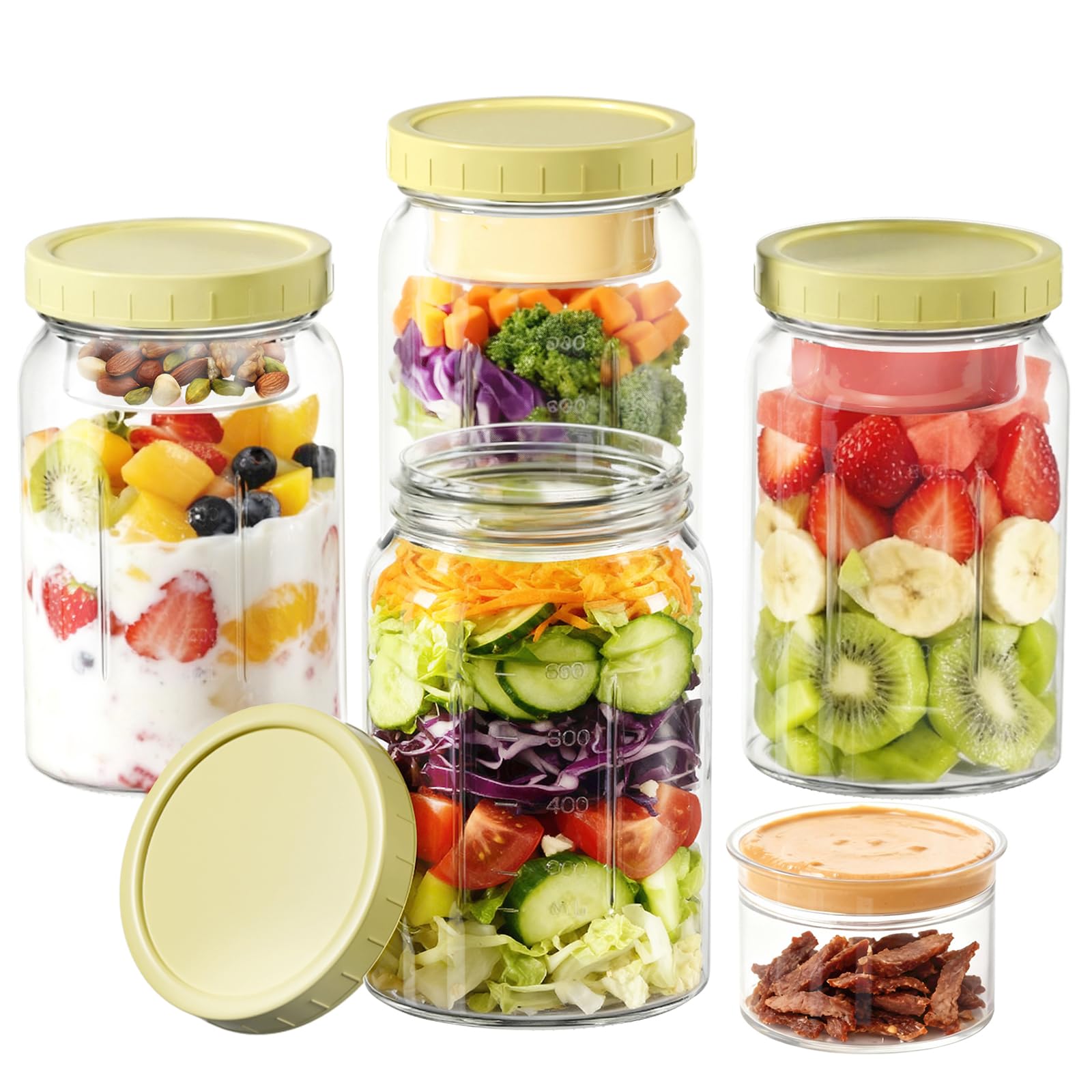 Yirilan 4-pack salad jars with dressing compartment for organized on-the-go meals.