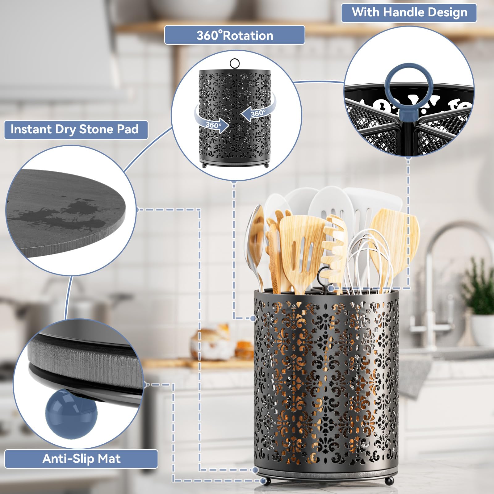 YIUKEA utensil holder with diatomite base dries tools quickly.
