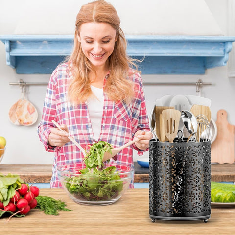 YIUKEA utensil holder's flower-shaped sections keep utensils upright and organized.