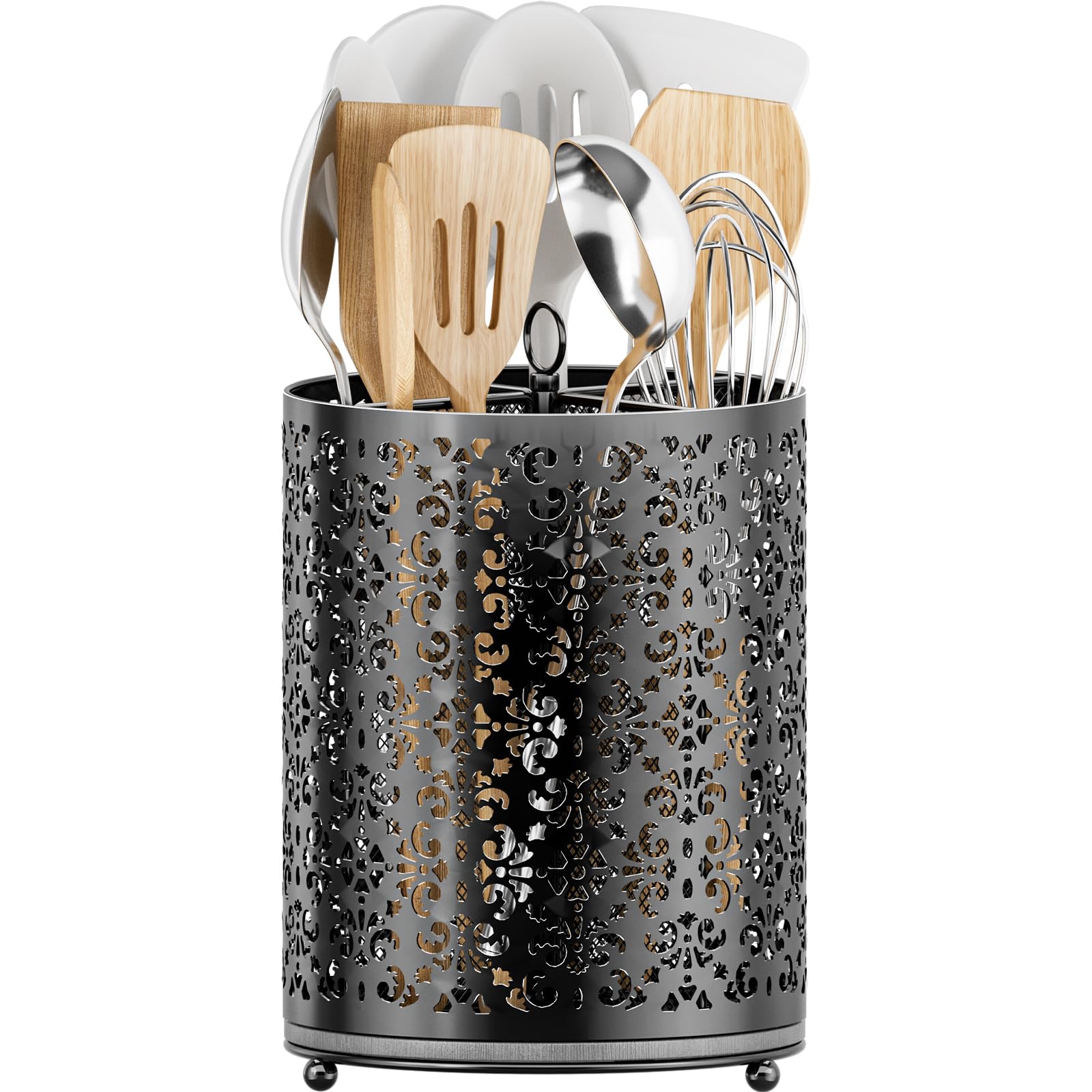 YIUKEA 360° rotating utensil holder with base for easy access and less clutter.