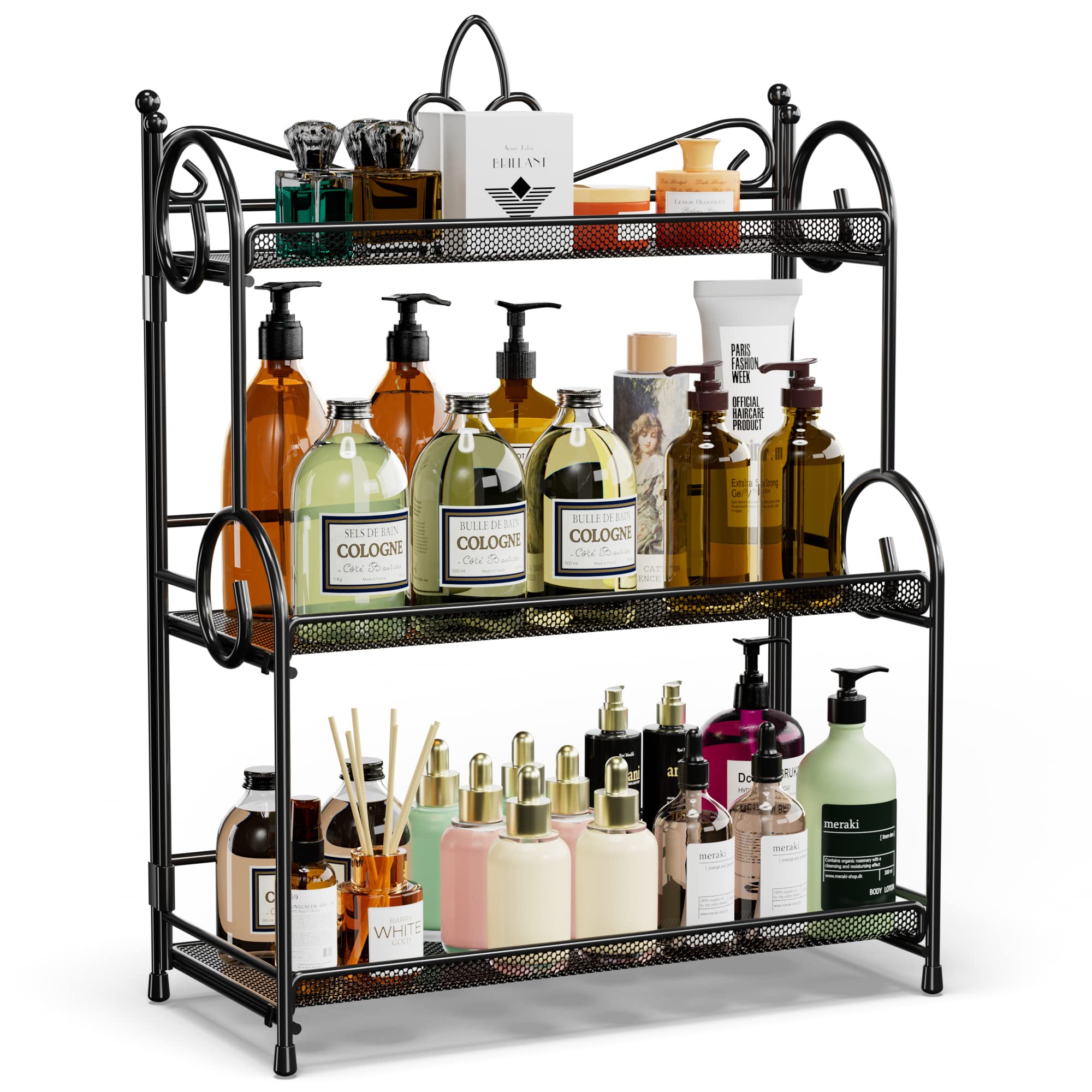 YIUKEA 3-tier countertop organizer arranged for easy spice access on a bathroom counter