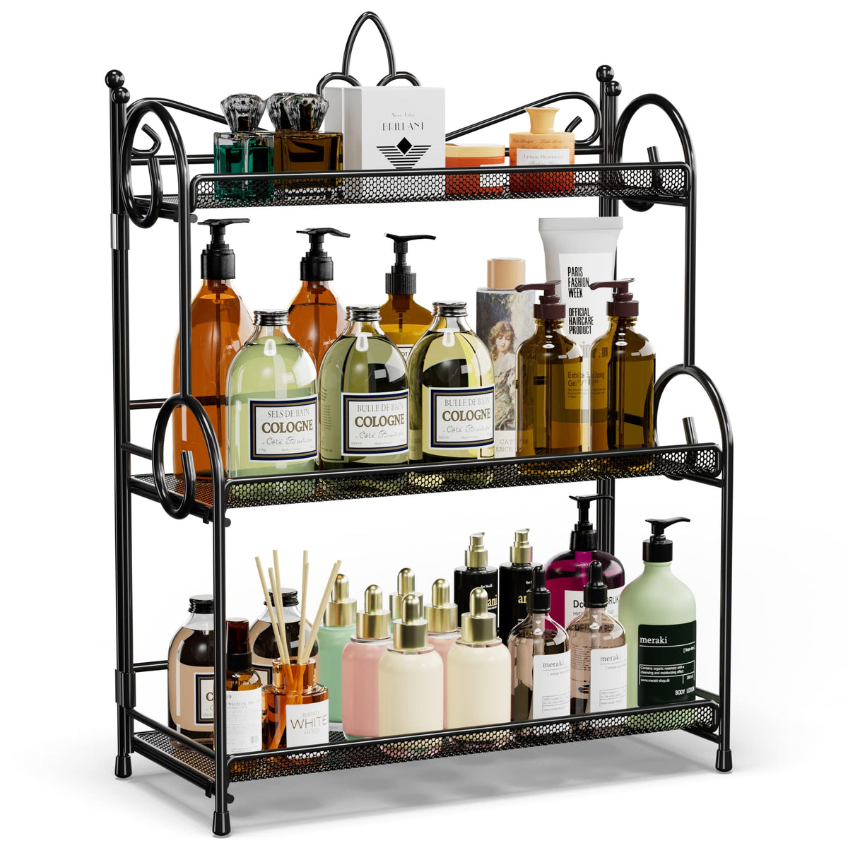 YIUKEA 3-tier countertop organizer arranged for easy spice access on a bathroom counter