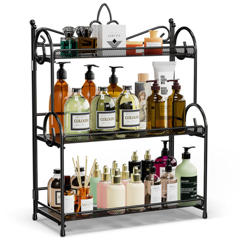 YIUKEA 3-tier countertop organizer arranged for easy spice access on a bathroom counter