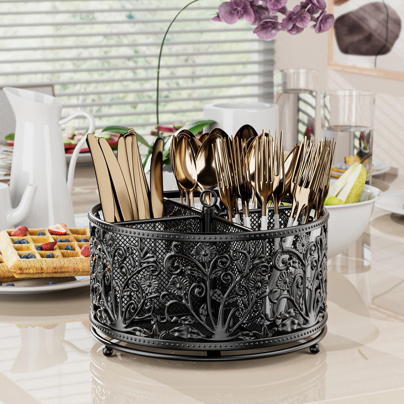 YIUKEA four-compartment flatware organizer keeps forks, knives, and spoons neatly separated.