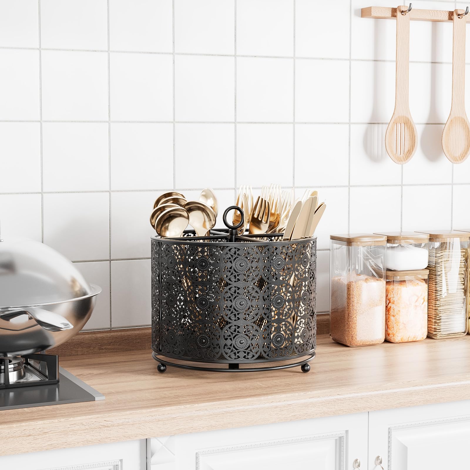 YIUKEA four-compartment organizer keeps utensils neatly separated and within reach