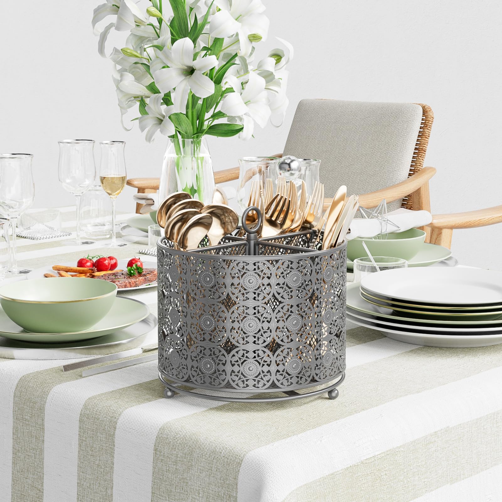 YIUKEA four-compartment silverware organizer for utensils and more