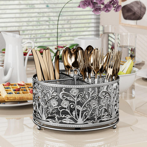 YIUKEA silverware organizer with 4 compartments keeps knives and forks neatly separated.
