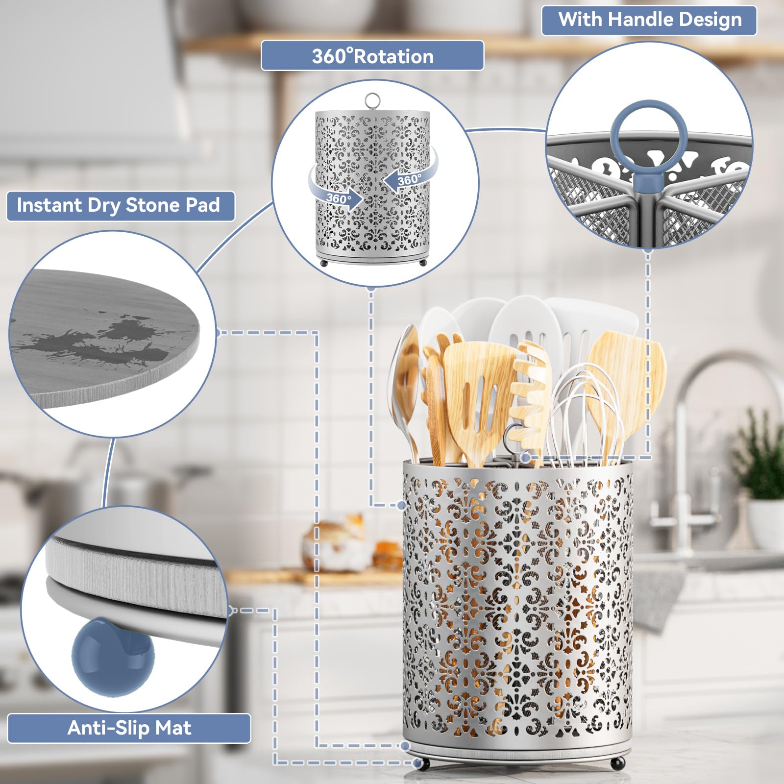 YIUKEA utensil holder with diatomite base drying utensils and keeping counters dry