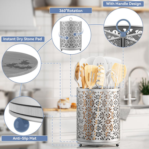 YIUKEA utensil holder with diatomite base drying utensils and keeping counters dry