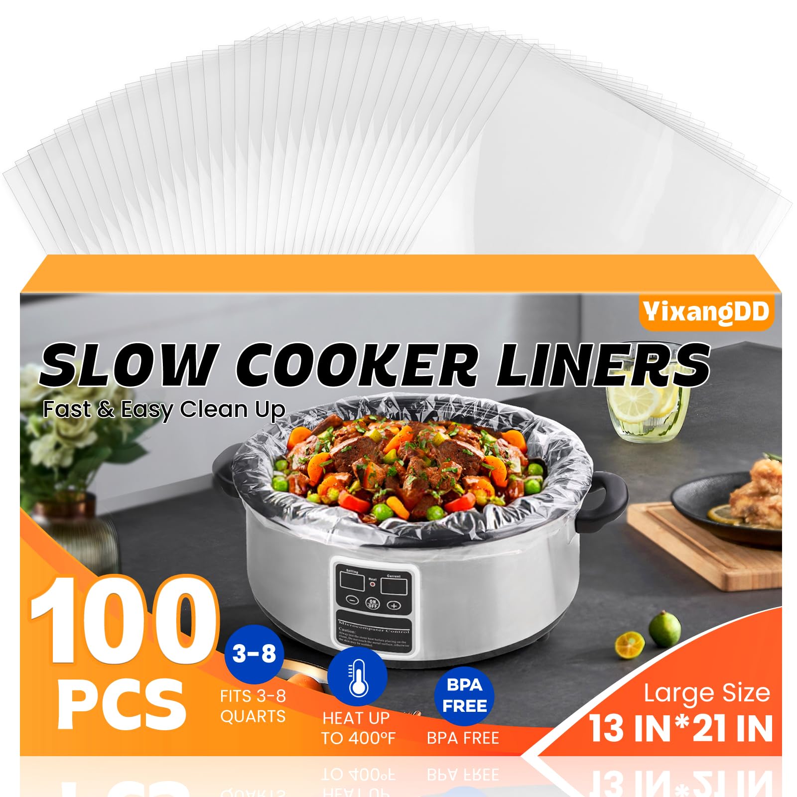 YixangDD slow cooker liner 13x21 inches fits 3-8 qt pots for quick cleanup.