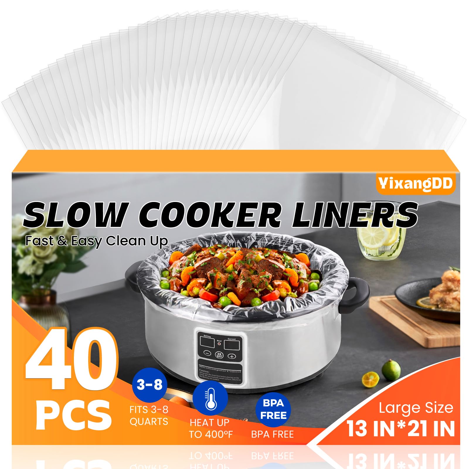 YixangDD 13x21 slow cooker liner bag for 3-8 quart pots, simplifies cleanup.