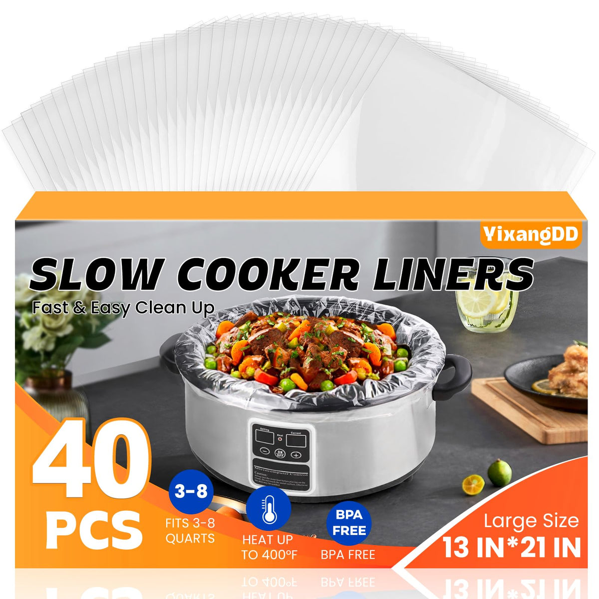 YixangDD 13x21 slow cooker liner bag for 3-8 quart pots, simplifies cleanup.