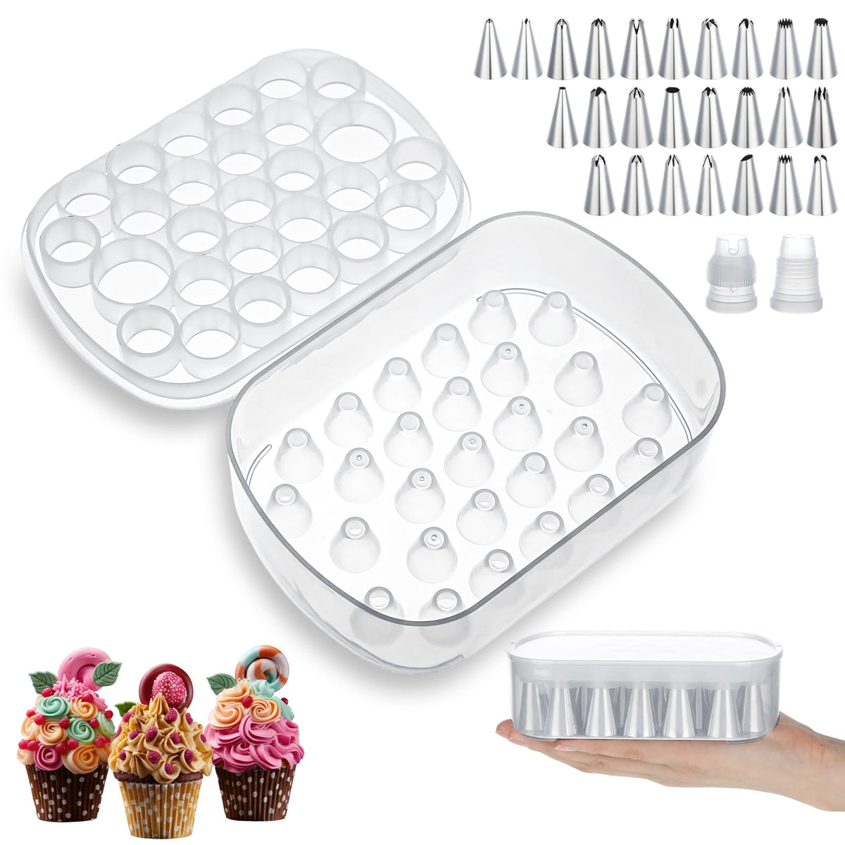 Yiyiring piping tip organizer box with 27 grids keeps tips tidy and hygienic.