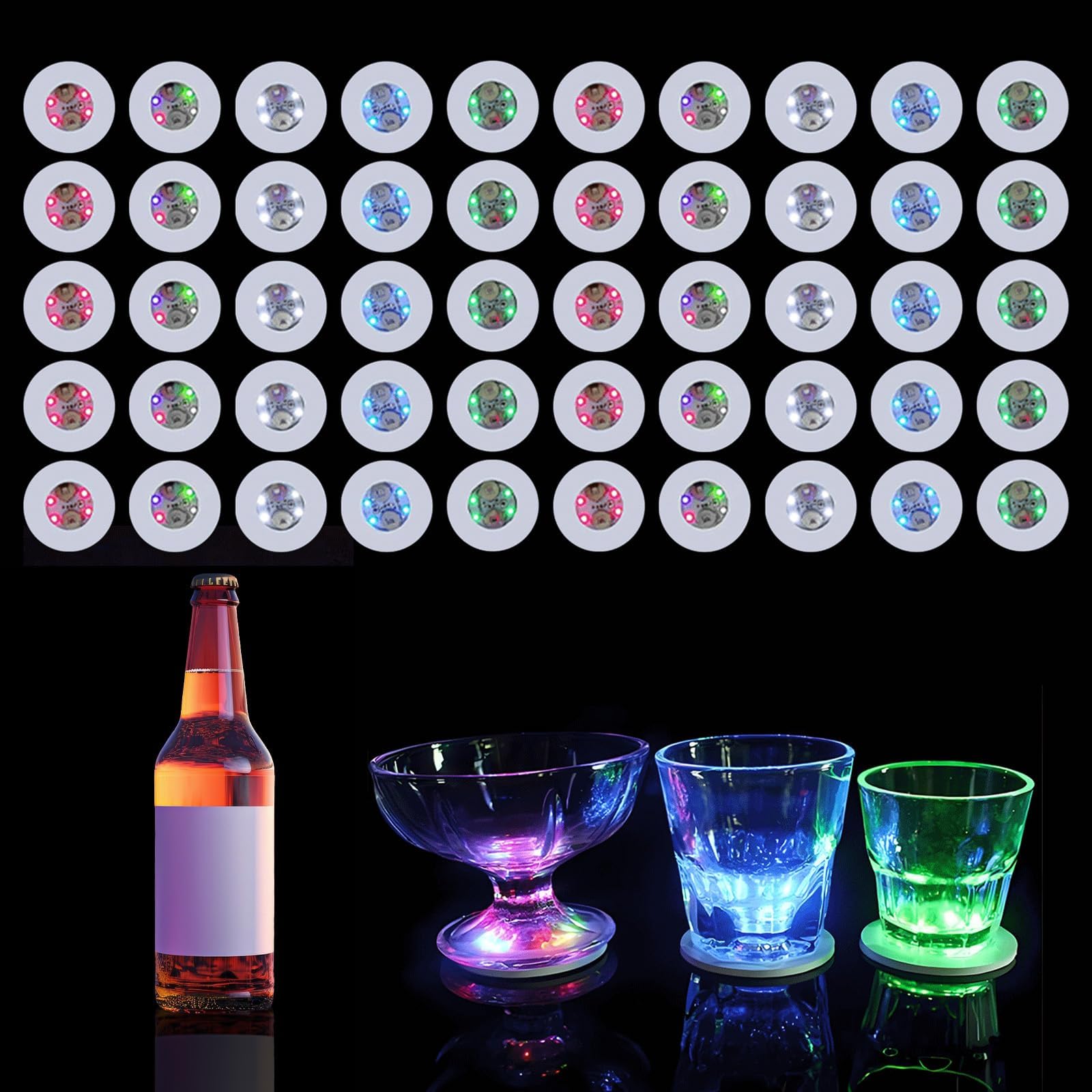 Yiypepy LED coaster set with multicolor lights enhances bar ambience.