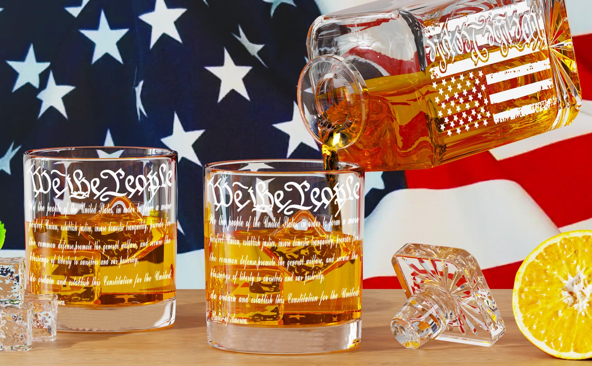 YJGS American flag etched decanter ideal for patriotic entertaining.
