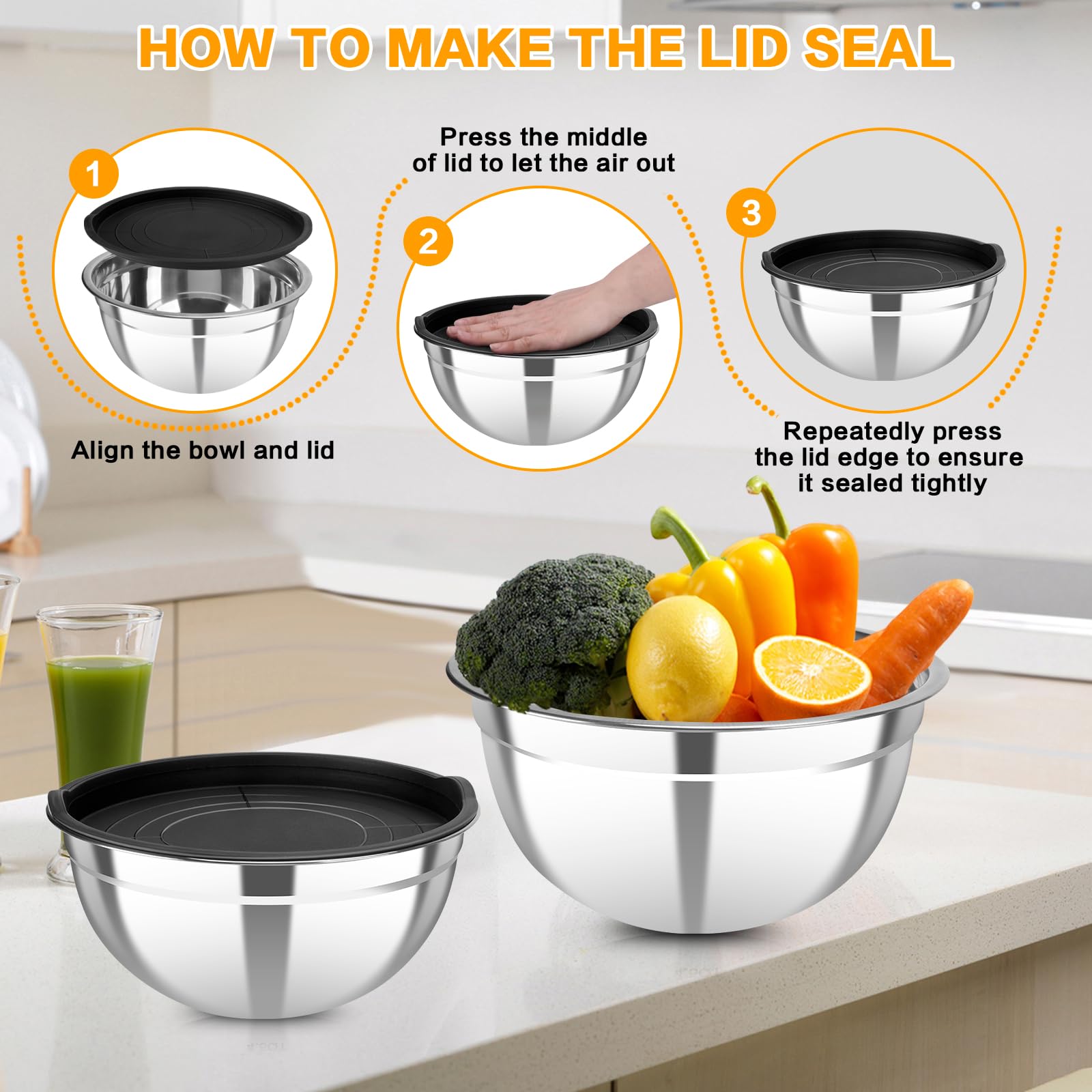 YJSLICT dishwasher-safe stainless steel mixing bowls for easy cleaning.