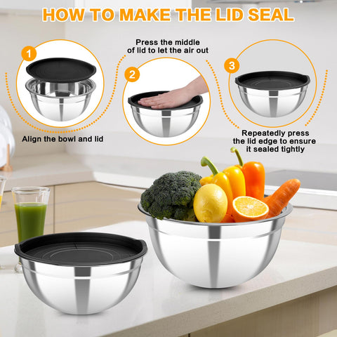 YJSLICT dishwasher-safe stainless steel mixing bowls for easy cleaning.