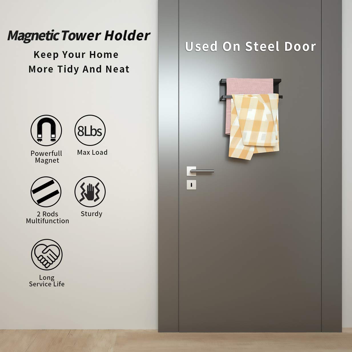 YJSMO bathroom towel holder provides sturdy magnetic hold for towels.