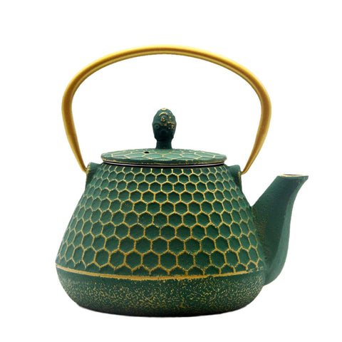 YJX Cast Iron Tea Kettle with dark green hexagon pattern for stylish stovetop brewing