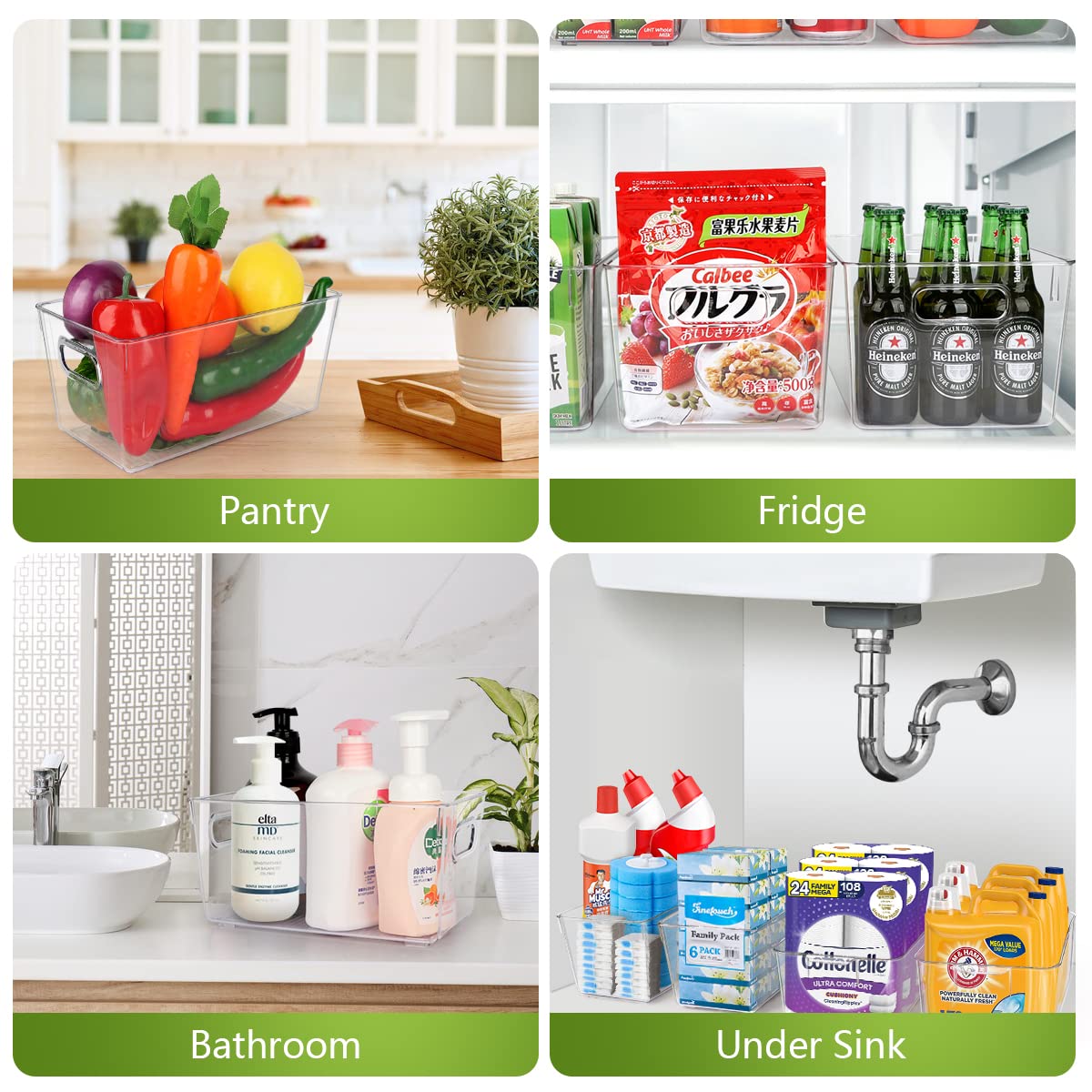YKIOKE pantry storage bin is transparent and versatile on shelves and countertops.