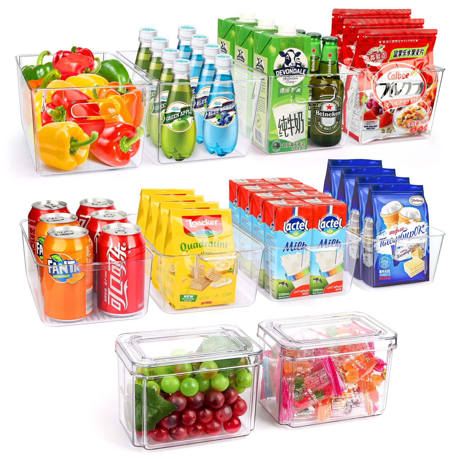 YKIOKE 10-pack fridge bins neatly organize fruits and vegetables for easy access.